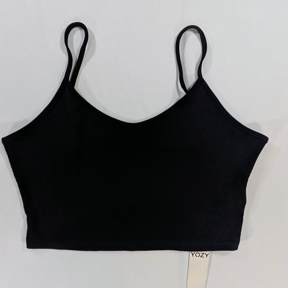 YOZY Women's Black Cropped Athletic Ribbed Tank Top With Straps Size XLarge